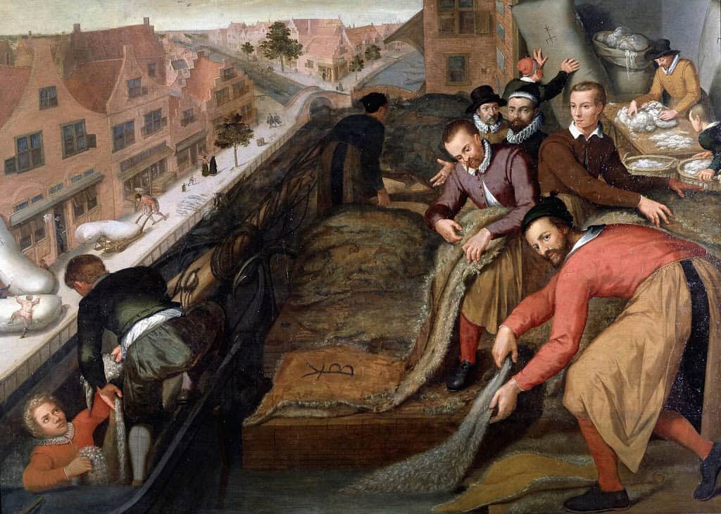 'Washing the Skins and Grading the Wool': Painting by Isaac Claesz of workers in Leiden (1594). Public Domain. 
